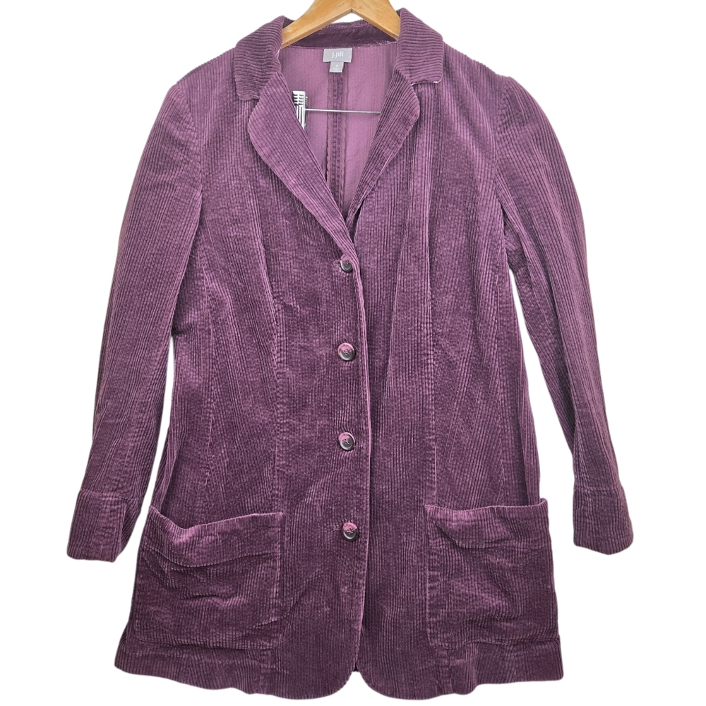 J.Jill Corduroy‎ Jacket Size M TALL Barn Chore Black Velvet Trim in Plum Color